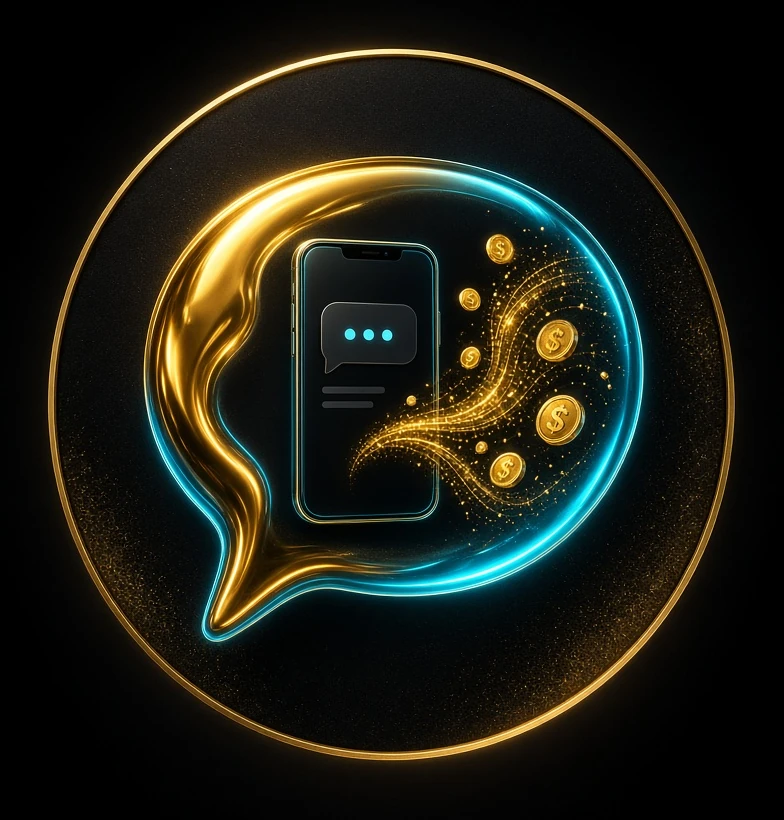 Смартфон внутри SMS-облака с золотым и бирюзовым свечением